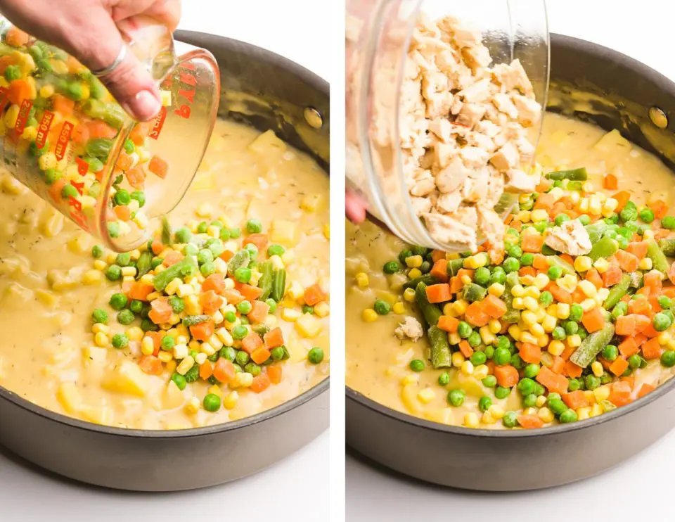 Side-by-side photos shows frozen vegetables being poured into a gravy mixture in a skillet on the left and vegan chicken pieces being added to that mixture on the right.