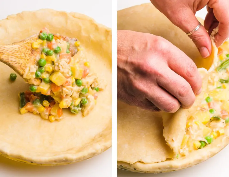 Side-by-side photos shows a vegetable/gravy mixture being spooned into an unbaked pie crust on the left. On the right, hands are placing a top crust over a vegetable pie.