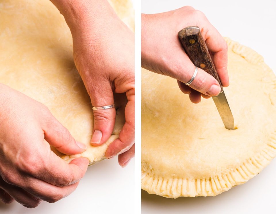 Side-by-side images shows two hands crimping the edges of the pie crust on the left and a hand holding a paring knife cutting vent holds in the crust on the right.