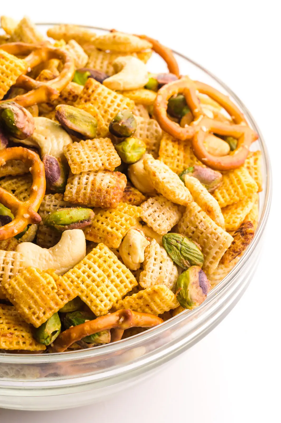 Gluten-free Chex mix is in a large serving bowl.