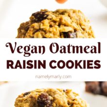 A collage of two images shows a hand holding an oatmeal raisin cookie with a bite taken out. It's hovering over another cookie. The bottom image shows a stack of cookies. The text between the images reads, Vegan Oatmeal Raisin Cookies.