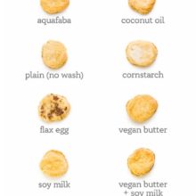10 pie crust circles are displayed with text below them indicating the type of vegan egg wash they were baked with. The text at the top reads, "Vegan Egg wash: which one is best?" Starting at top left to right, the text below pie pieces read, "aquafaba, coconut oil, plain (no wash), cornstarch, flax egg, vegan butter, soy milk, vegan butter + soy milk, almond milk, vegan butter + soy milk + agave."