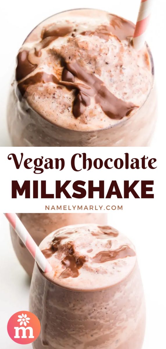 A collage of two images shows the top of a milkshake with chocolate drizzles and a pink straw on the top image. The bottom image shows both glasses full of milkshakes and a pink straw. The text between them reads, "Vegan Chocolate Milkshake."