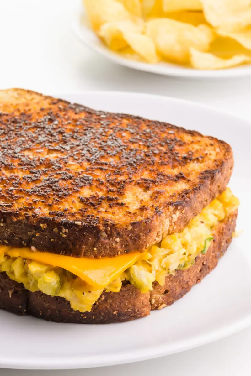 A vegan tuna melt sandwich reveals golden grilled bread and melted vegan cheese. It sits in front of a plate with potato chips.