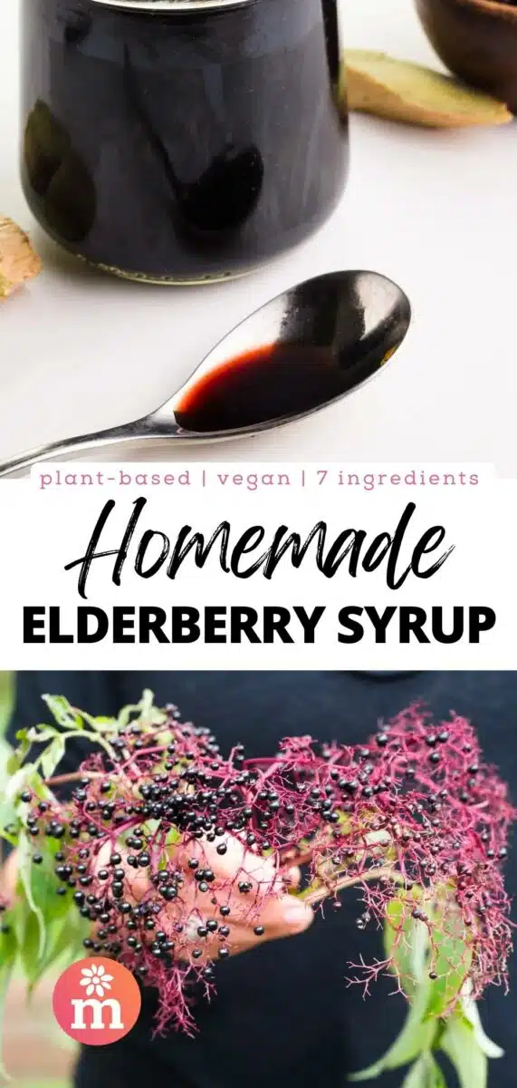 A spoon has dark syrup in it, sitting in front of a jar of the syrup. The bottom image shows a hand holding fresh elderberries. The text reads, plant-based, vegan, 7 ingredients, Homemade Elderberry Syrup.