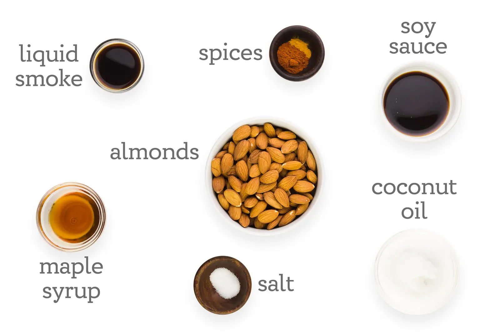 Ingredients are on a white counter. The labels next to them read, "spices, soy sauce, coconut oil, salt, almonds, maple syrup, and liquid smoke.