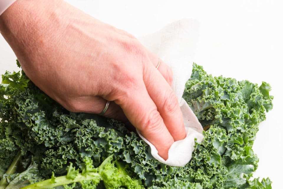 A hand holds a paper towel, dabbing moisture off of raw kale leaves.