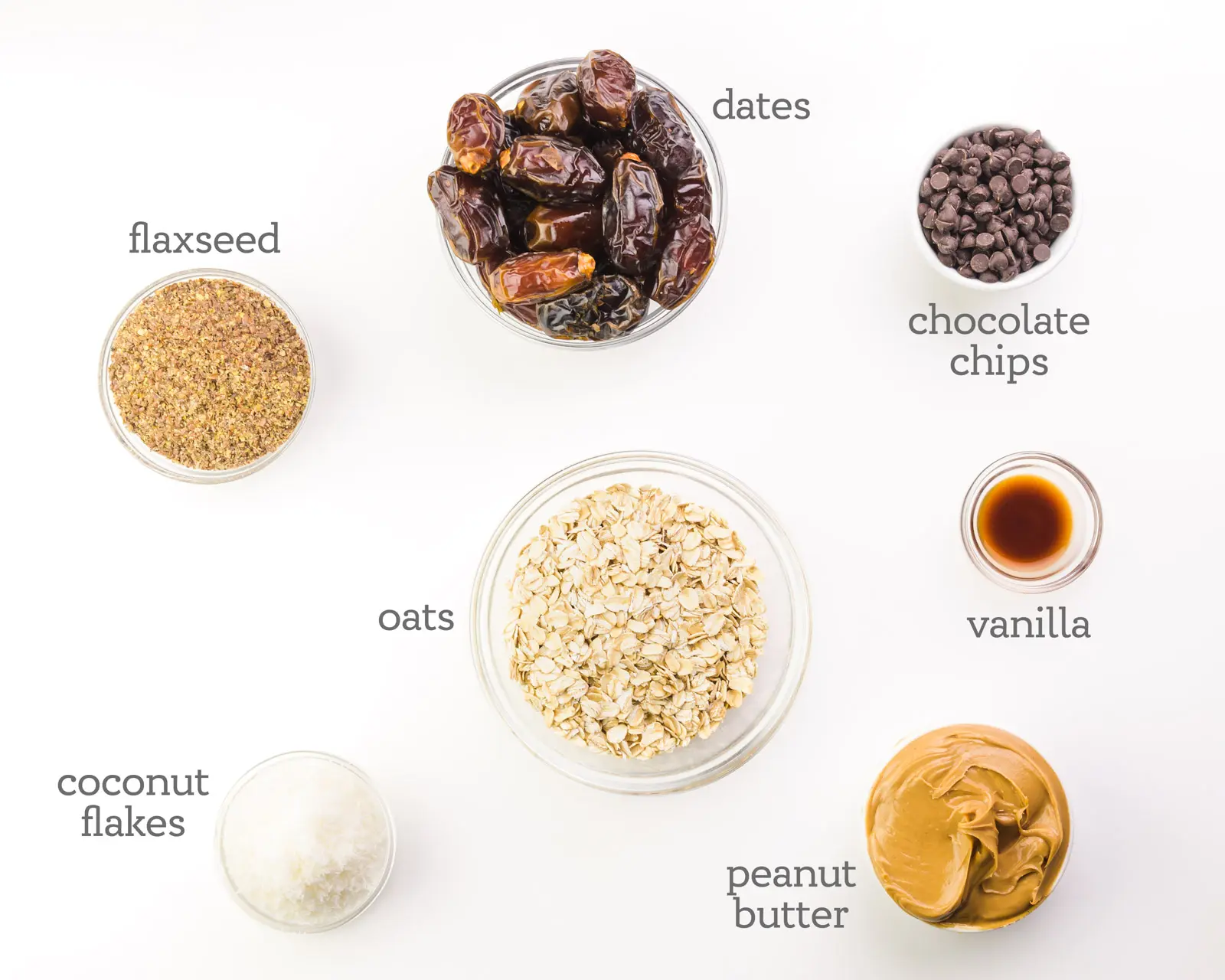 Ingredients are laid out on a table. The labels next to each ingredient reads, Chocolate chips, vanilla, peanut butter, oats, coconut flakes, flaxseed, and dates.