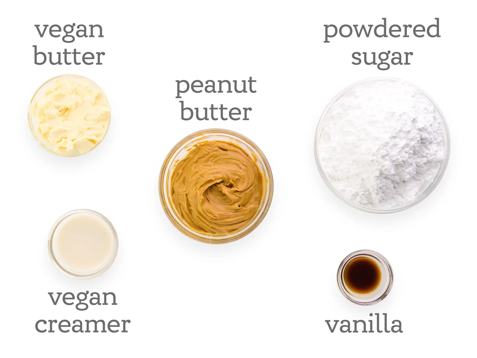 Ingredients are displayed on a white counter. The text next to them reads, "peanut butter, powdered sugar, vanilla, vegan creamer, and vegan butter."