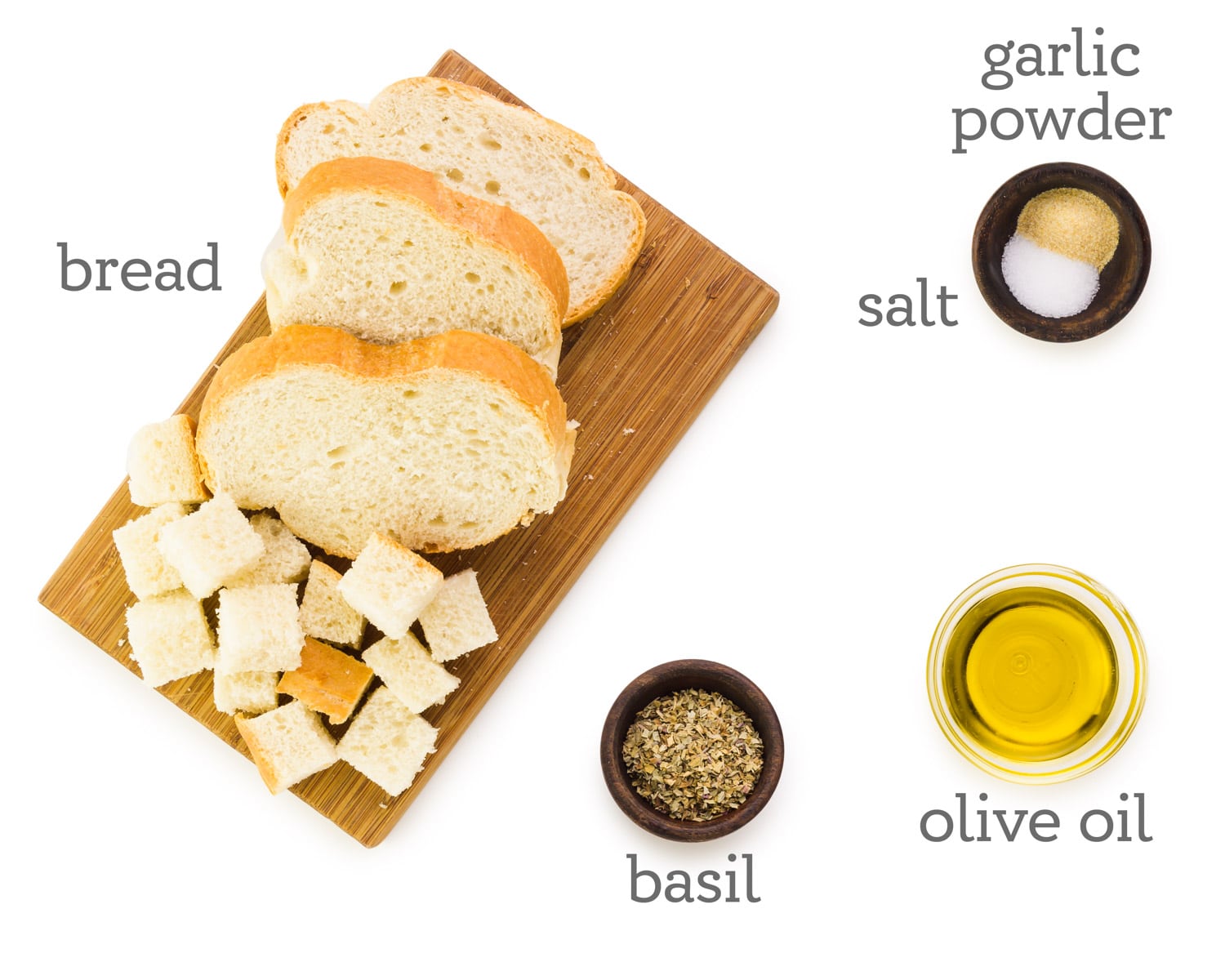Ingredients are laid out on a table. The labels next to them read, garlic powder, salt, olive oil, basil, and bread.