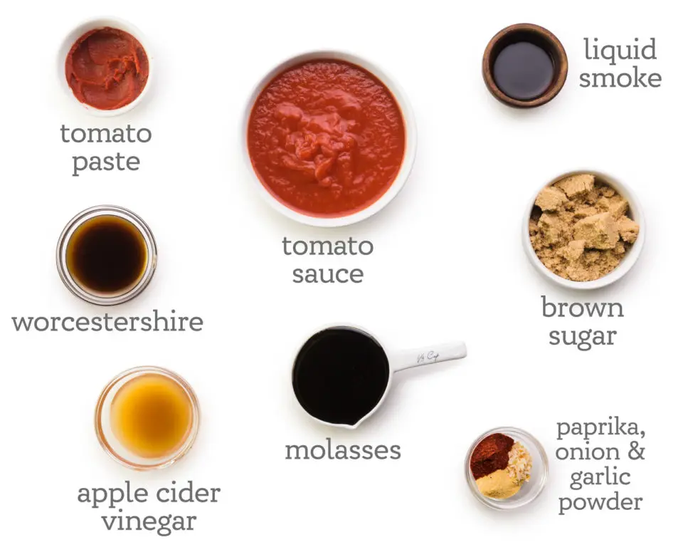 Ingredients are laid out on a white table. The labels next to them read, liquid smoke, brown sugar, paprika, onion & garlic powder, molasses, apple cider vinegar, Worcestershire, tomato paste, and tomato sauce.