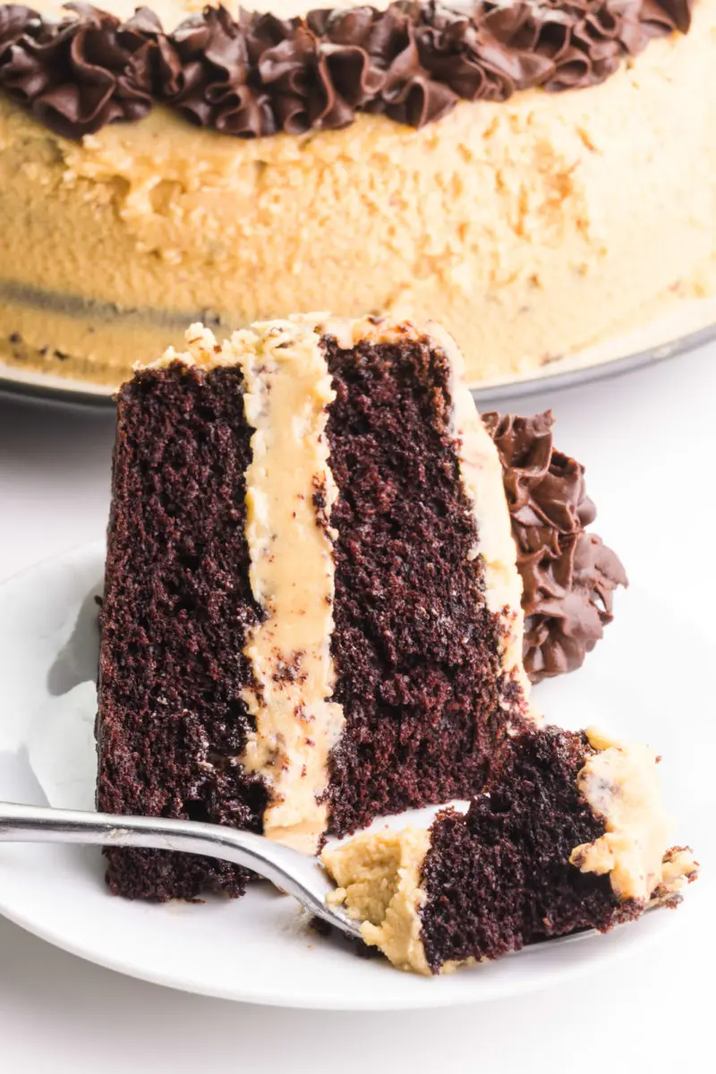 A slice of chocolate peanut butter cake has a bite sitting on a fork resting in front. The rest of the cake is in the background.