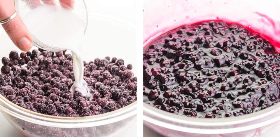 A collage of two images shows a hand holding a bowl and pouring a cornstarch mixture over sugared blueberries on the left. The image on the right shows the thickened cooked blueberry filing.