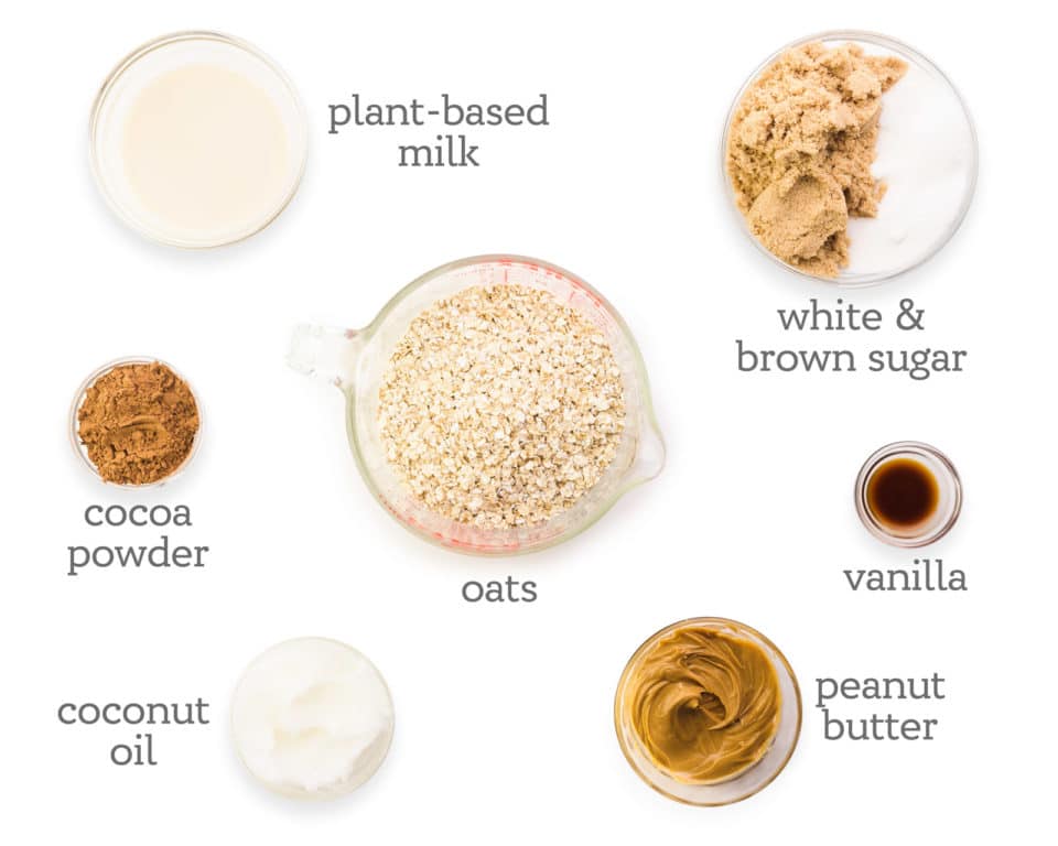 Ingredients are laid out on a white background. The labels next to them read, white & brown sugar, vanilla, peanut butter, oats, coconut oil, cocoa powder, and plant-based milk.