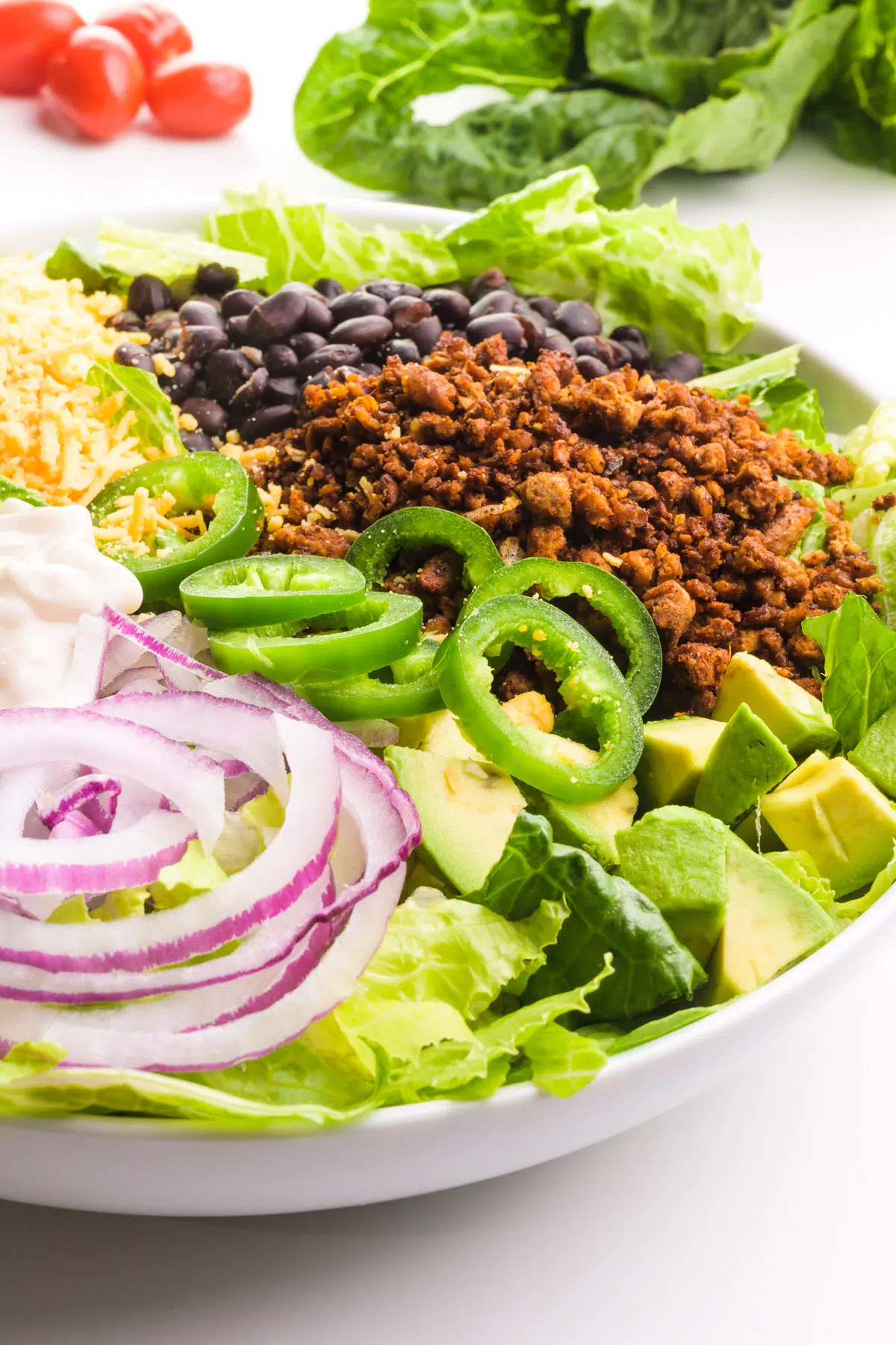 A bowl holds a salad with lots of toppings, such as chopped guacamole, taco veggie crumbles, black beans, vegan cheddar cheese, and more. There is a head of lettuce and tomatoes in the background.