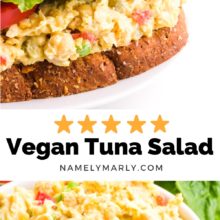 A collage of 2 images shows a sandwich on top with a chickpea spread and veggies. The bottom image shows the chickpea spread in a bowl. The text between the images shows 5 stars and "Vegan Tuna Salad".