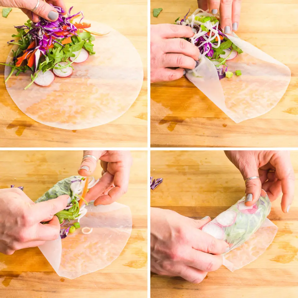 A series of four photos shows rice papers being topped with vegetables, the sides lifted up, and then rolled.