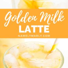 A collage of 2 images shows golden turmeric milk being poured into a glass of ice on the top image. The bottom shows the glass full of golden iced milk with a yellow straw. The text between the images reads, Golden Milk Latte.