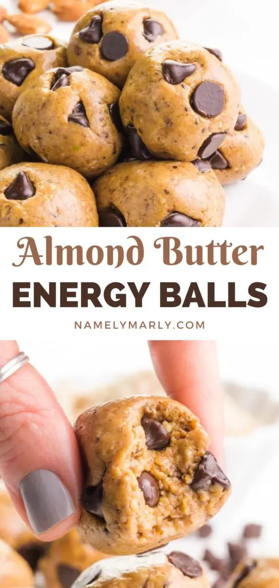 A collage of two images shows a closeup of energy balls with chocolate chips on a plate. The bottom image shows a hand holding an energy ball with a bite taken out. The text between the images reads, Almond Butter Energy Balls.