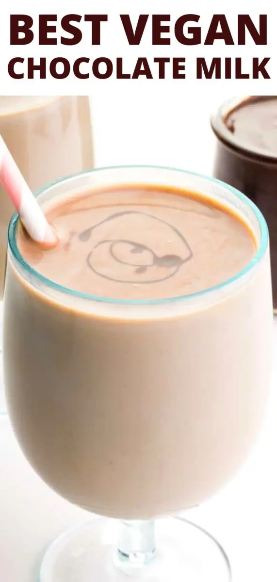 An image shows a stemmed glass full of chocolate milk with chocolate swirls on top and a pink straw. There is another glass and a jar of chocolate syrup in the background. The text at the top reads, Best Vegan Chocolate Milk.