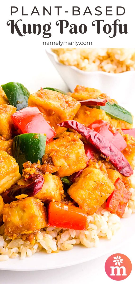 A close-up shot shows fried tofu with veggies and dried red peppers sitting on a plate with rice. There's a bowl with rice in the background. The text at the top of the page reads, Plant-Based Kung Pao Tofu.