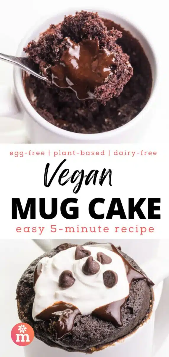 A spoonful of chocolate cake hovers over a white mug with more cake inside. The bottom image shows chocolate cake in a mug topped with whipped cream and chocolate. The text reads, egg-free, plant-based, dairy-free, Vegan Mug Cake, easy 5-minute recipe.
