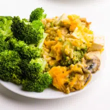 Tofu casserole is on a plate next to steamed broccoli.