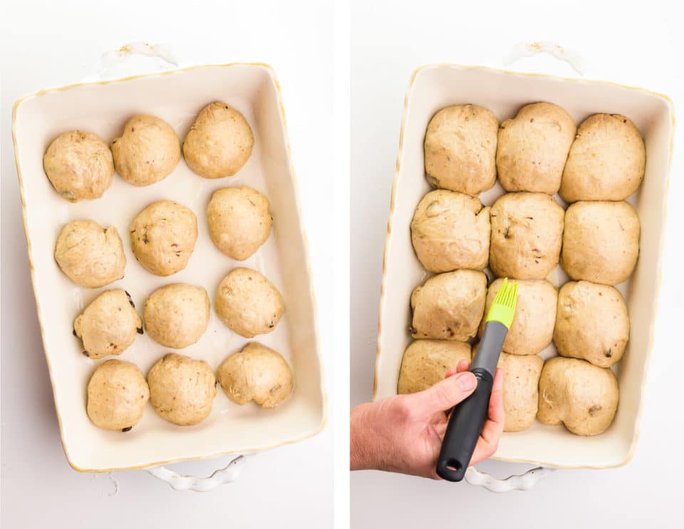 A collage of two images shows rolls in a baking dish. On the right a hand holds a brush, adding vegan egg was to the dough.
