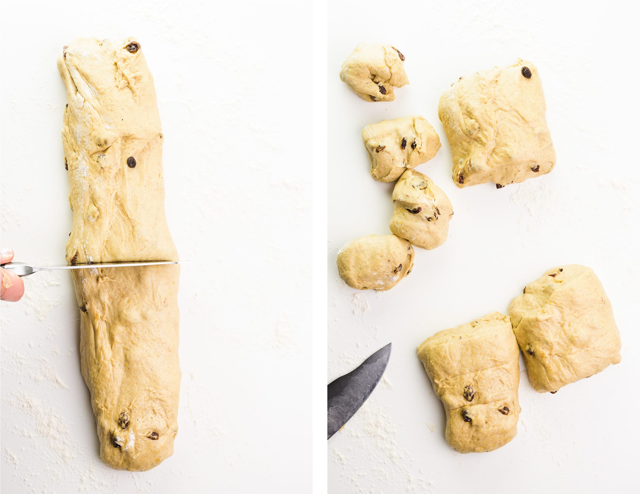 A collage of two images shows cutting a log in half on the left and the dough cut into smaller pieces on the right.