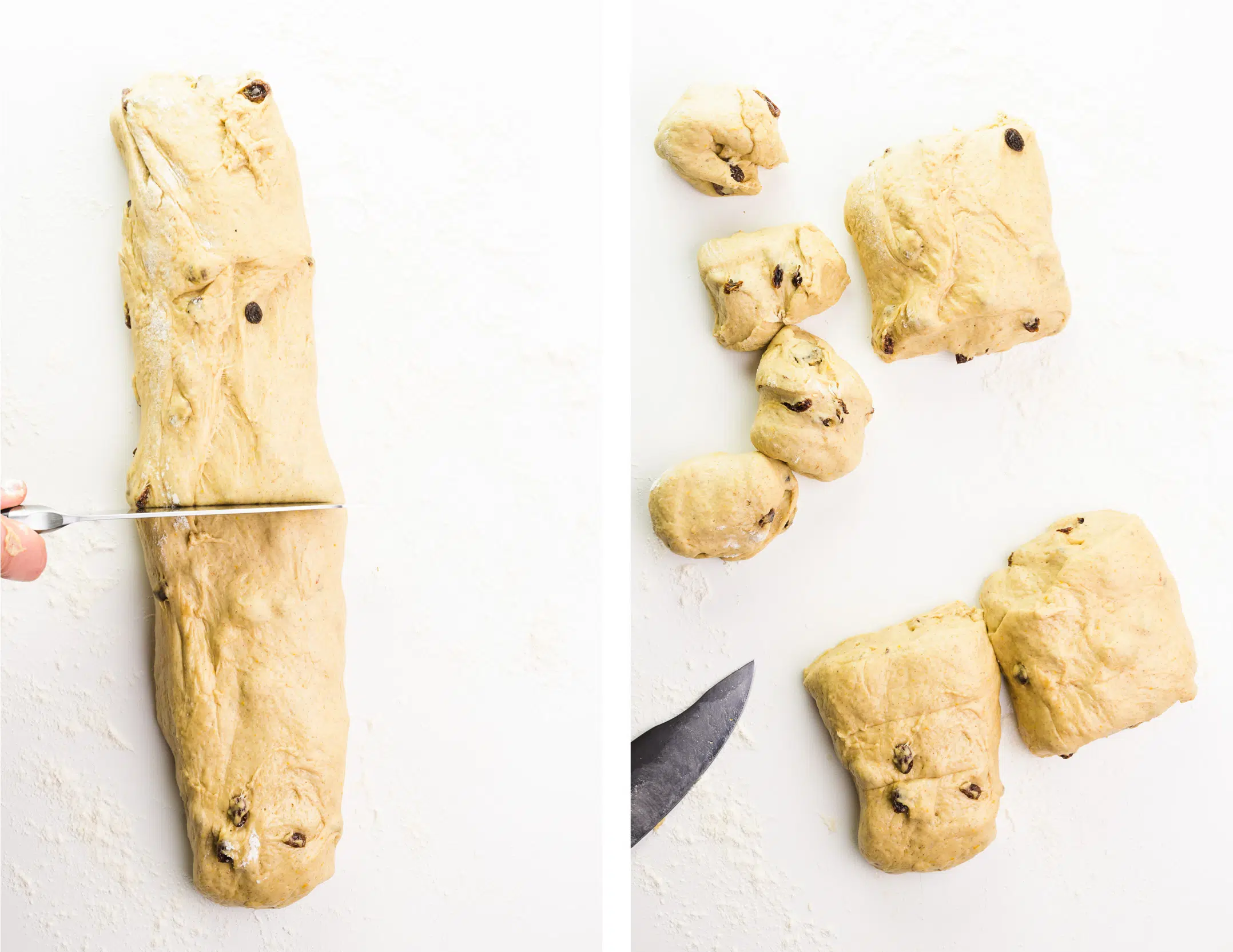 A collage of two images shows cutting a log in half on the left and the dough cut into smaller pieces on the right.