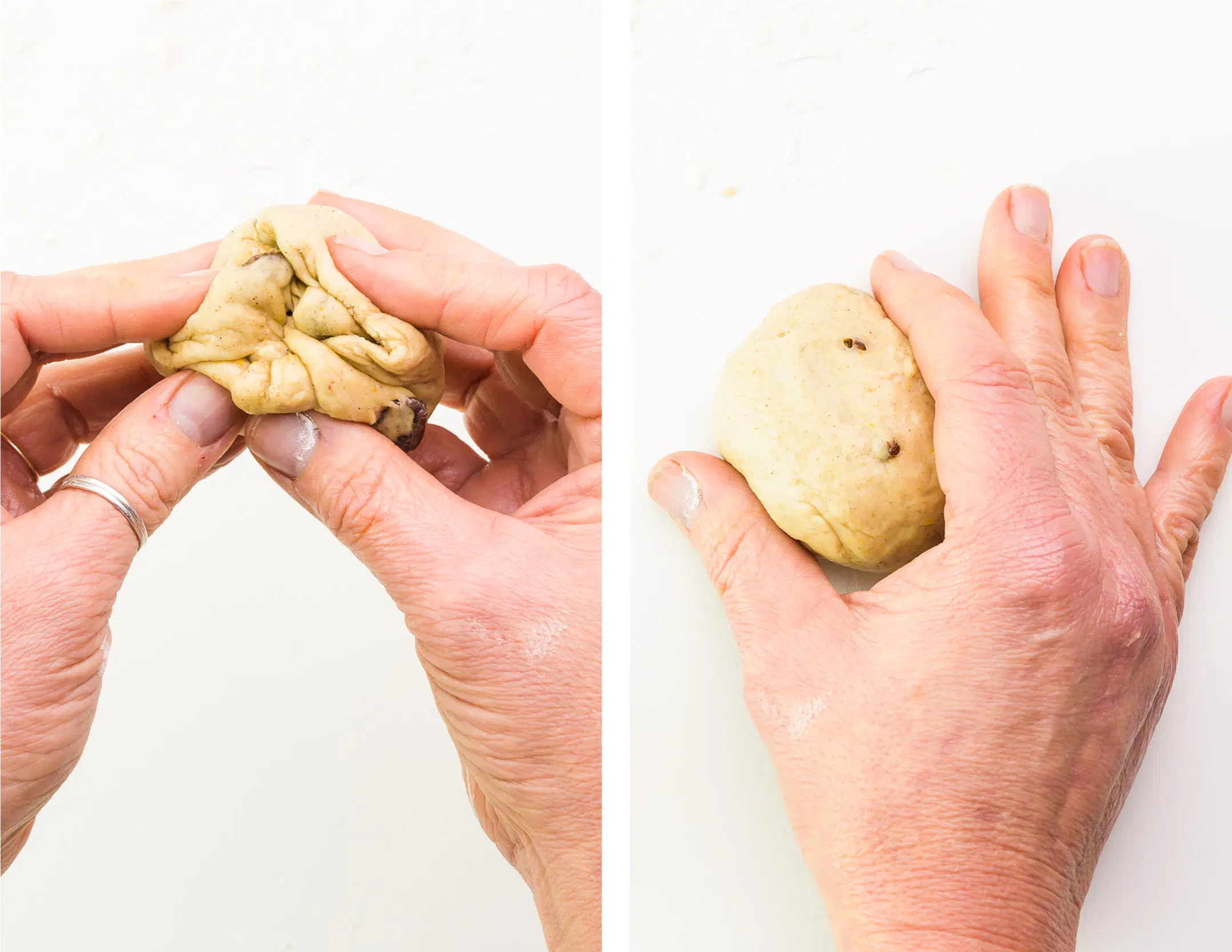 A collage of two images shows hands pressing the dough together on the left and a hand rolling the dough into a ball on the right.