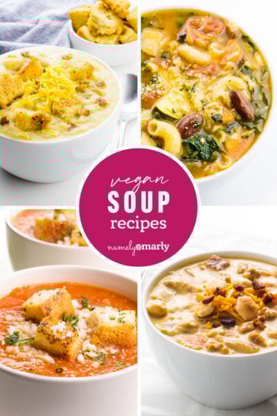 a collage of soup images with text that reads vegan soup recipes