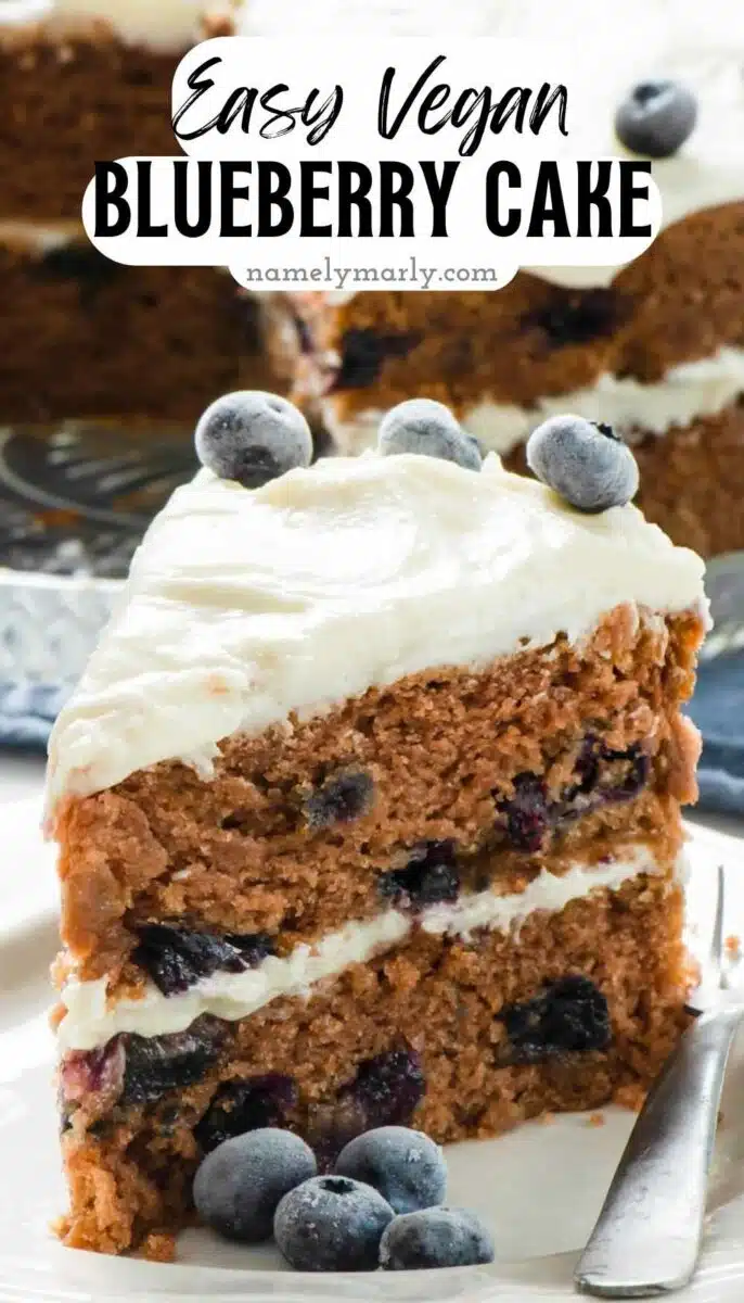 A slice of layered cake sits on a plate with blueberries and a fork. The text reads, Easy Vegan Blueberry Cake.