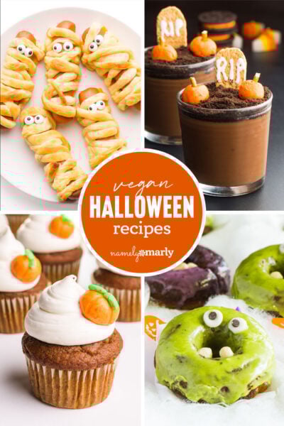 a collage of halloween-themed food images with text that reads vegan halloween recipes
