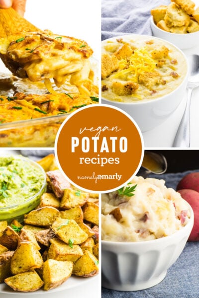 a collage of food images with text that reads vegan potato recipes