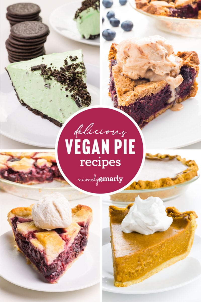 a collage of pie photos with text that reads delicious vegan pie recipes