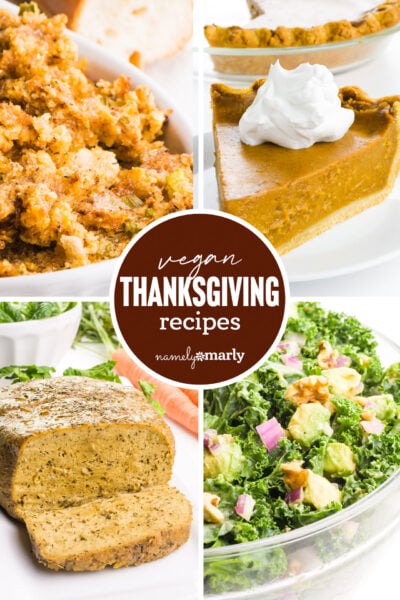 a collage of thanksgiving food images with text that reads vegan thanksgiving recipes
