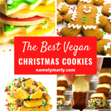 A collage of four images shows different holiday cookies, like sugar cookies and gingerbread cookies. The text in the middle reads, The Best Vegan Christmas Cookies.