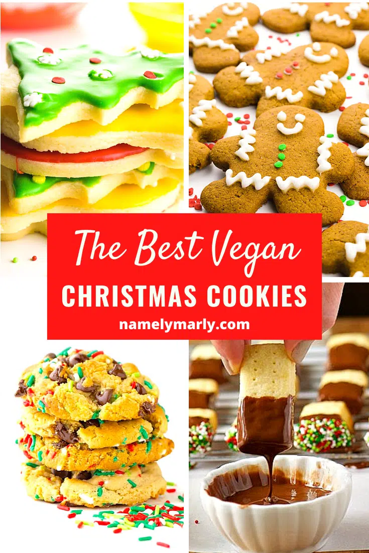 A collage of four images shows different holiday cookies, like sugar cookies and gingerbread cookies. The text in the middle reads, The Best Vegan Christmas Cookies.