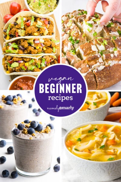 a collage of food images with text that reads vegan beginner recipes
