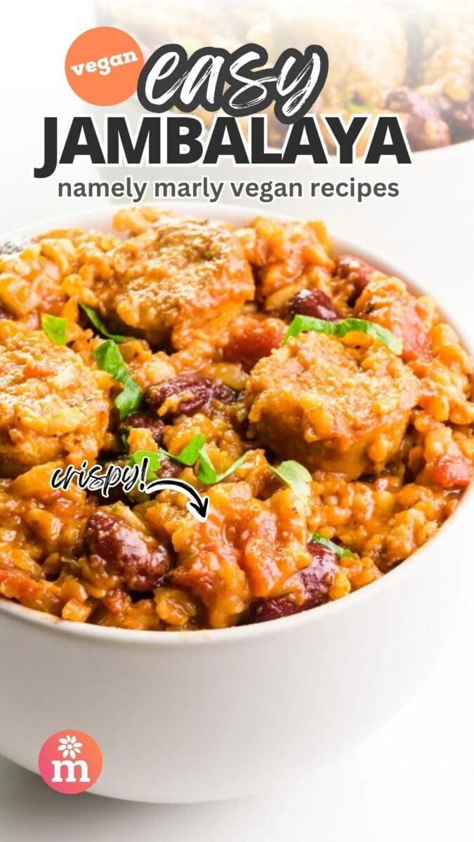 A bowl of saucy jambalaya has this text above it: Vegan Easy Jambalaya. Namely Marly Vegan recipes.