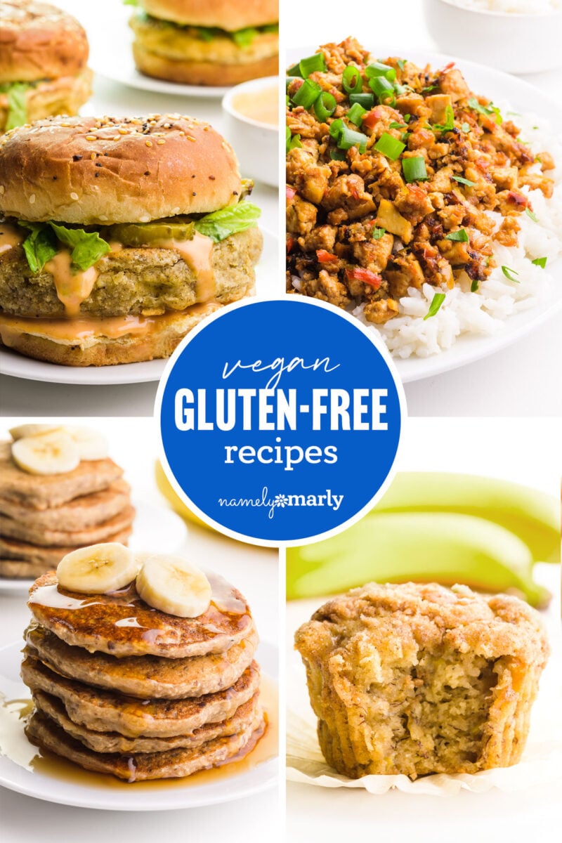 a collage of gluten-free foods with text that reads vegan gluten-free recipes
