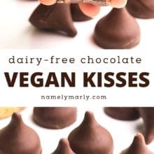 A collage of two images shows a hand holding a vegan chocolate candy with a bite taken out. More of the candies are on display in the bottom image. The text between them reads, Dairy-free Chocolate Vegan Kisses.