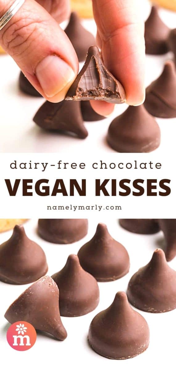 A collage of two images shows a hand holding a vegan chocolate candy with a bite taken out. More of the candies are on display in the bottom image. The text between them reads, Dairy-free Chocolate Vegan Kisses.