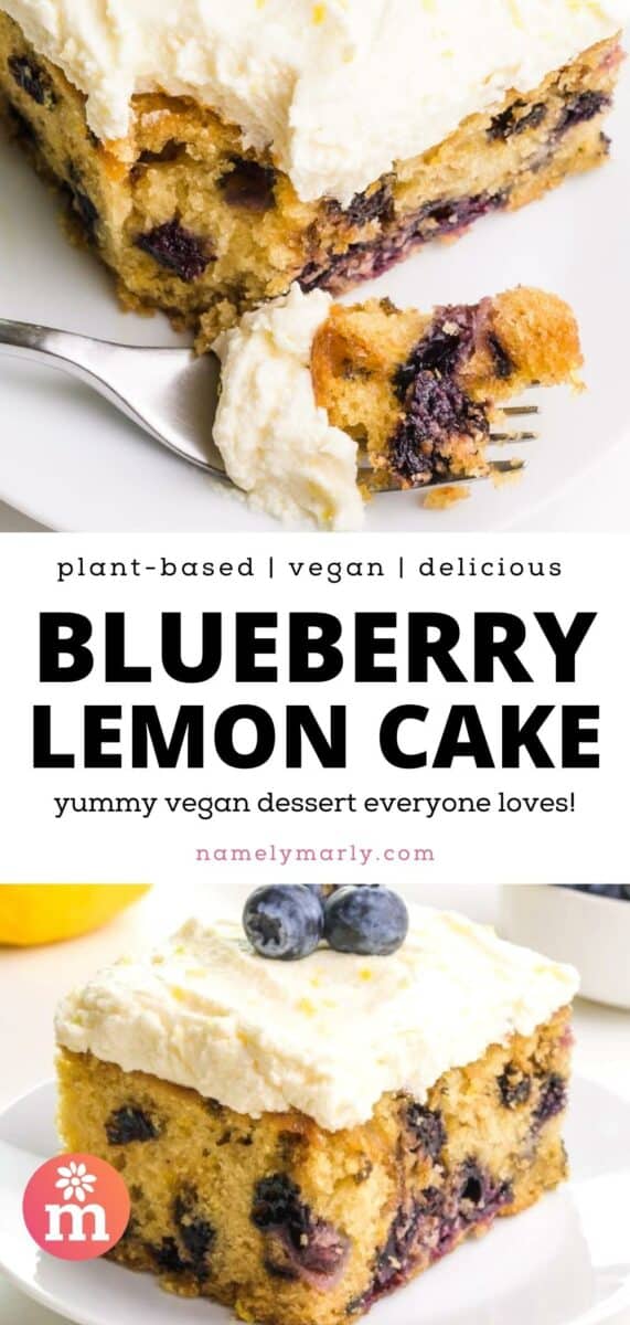 The top image looks down on a fork with cake on it sitting in front of the rest of the cake. The bottom image shows a slice of cake on a plate with blueberries on top. The text reads, plant-based, vegan, delicious, Blueberry Lemon Cake: yummy vegan dessert everyone loves!