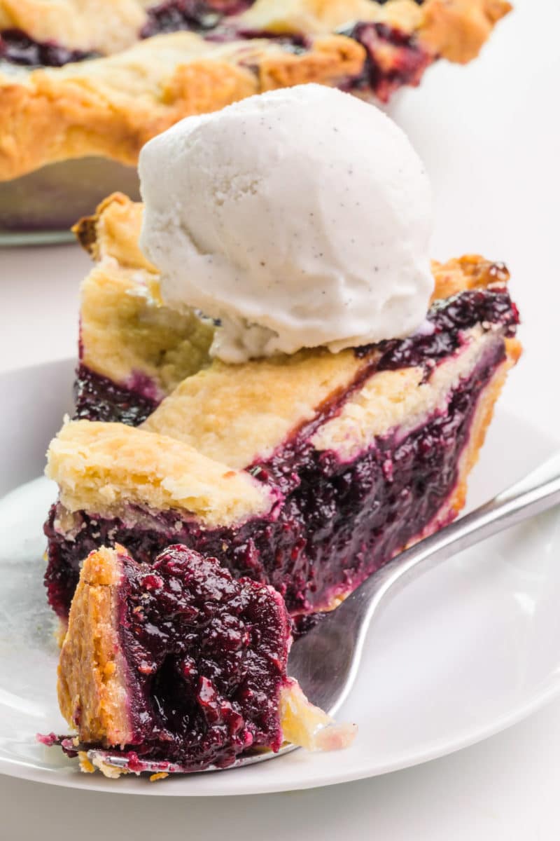 A slice of berry pie sits on a plate with the rest of the pie. 