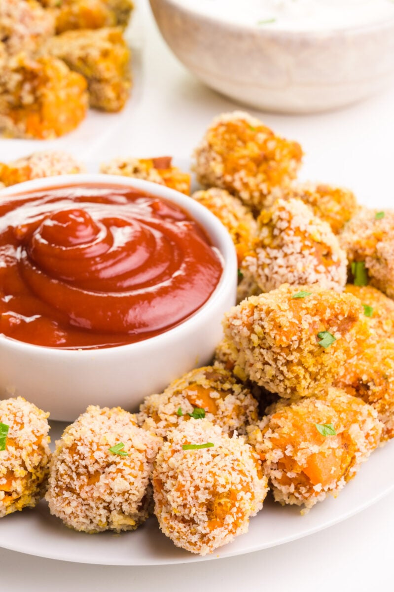 A plate of tater tots sits around a bowl of ketchup. There is another bowl of dip and tater tots in the background.