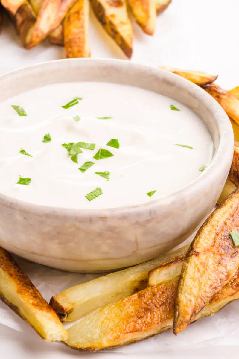 French fries sit in front and behind a bowl of egg-free aioli.