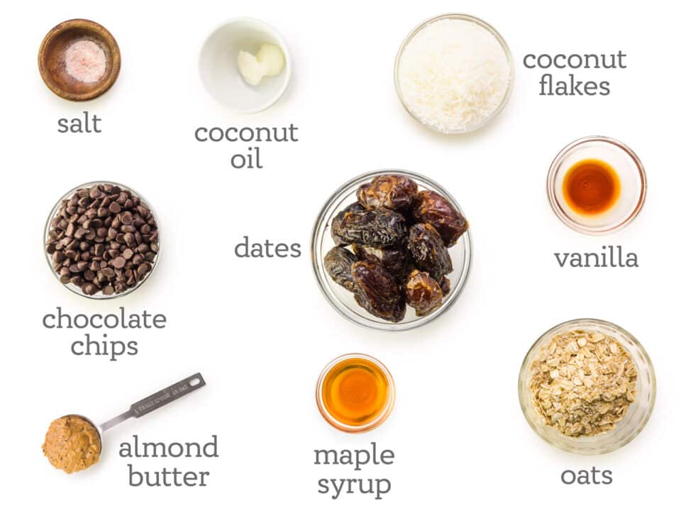 Ingredients are lined out on  a counter. The labels next to them read, coconut flakes, vanilla, oats, maple syrup, almond butter, chocolate chips, salt, coconut oil, and dates.