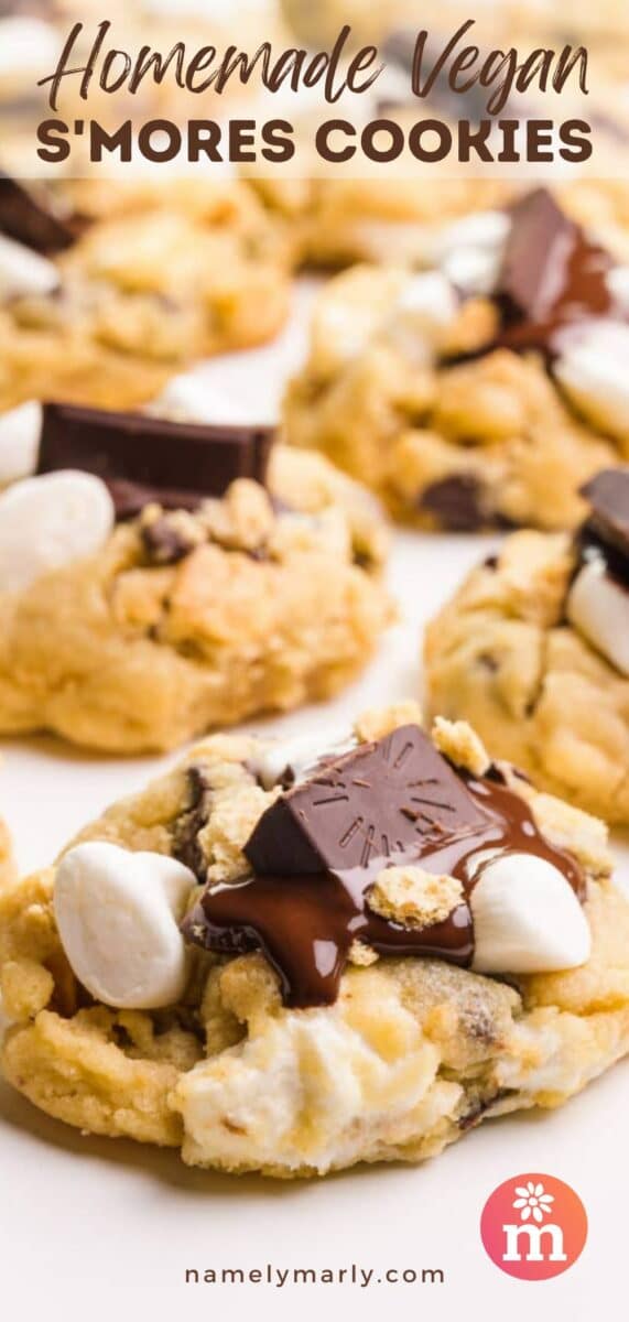 Several cookies are on a white countertop.  Image caption Homemade Vegan S'mores Cookies
